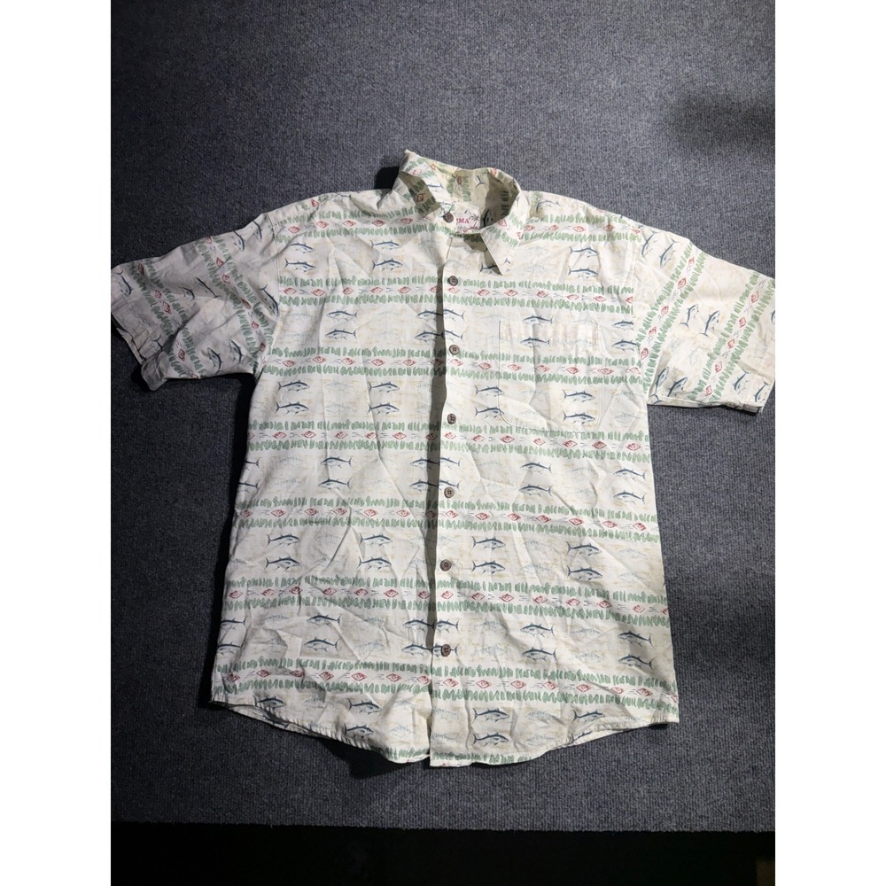 Summa‎ Mens Cotton Fish Print Short Sleeve Button Down Shirt Cream Size M